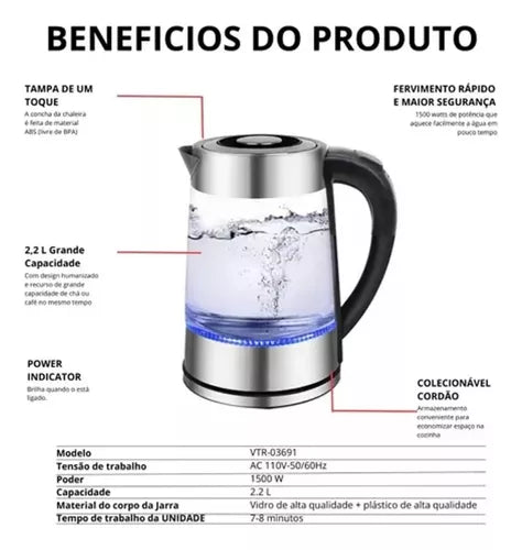 JARRA ELÉTRICA 2L DE VIDRO SEM FIO COM LUZ LED