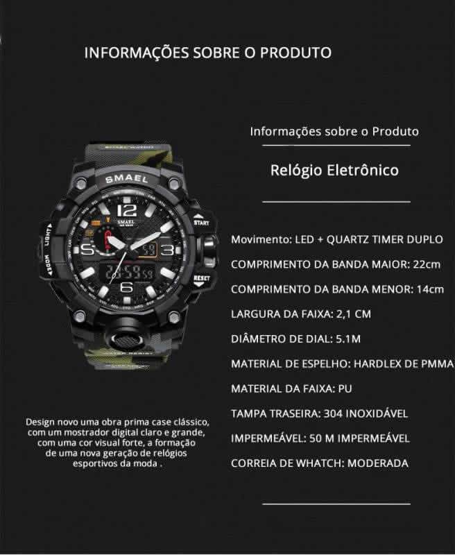 Relógio Masculino Digital Smael Tático à Prova D’água Shock